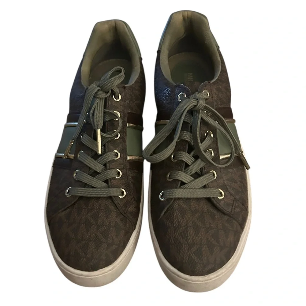 Poppy Stripe Lace Up Michael Kors Army Green Brown Cream Gold Accents Size 7.5